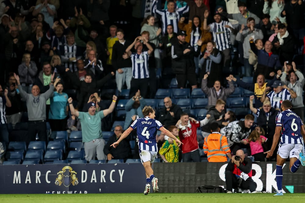 GOAL scores 1-0 West Bromwich Albion midfielder Callum Styles (4) scores and celebrates during the EFL Sky Bet Championship match between West Bromwich Albion and Charlton Athletic at The Hawthorns, West Bromwich, UK on 2 September 2026.