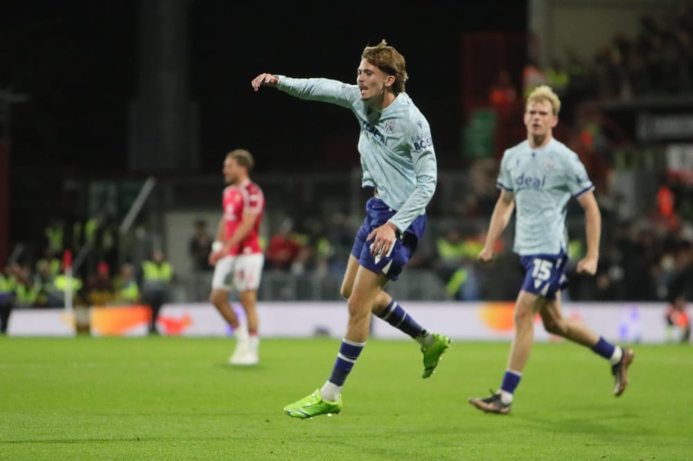 Isaac Price of West Bromwich Albion celebrates scoring their first goal during the EFL Sky Bet Championship match between Wrexham FC and West Bromwich Albion at the Racecourse Ground, Wrexham, UK on 13 October 2026.