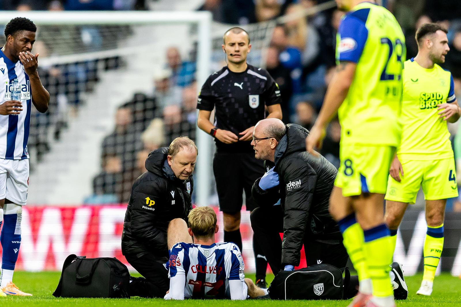 West Bromwich Albion midfielder Toby Collyer (13) injured during the EFL Sky Bet Championship match between West Bromwich Albion and Preston North End at The Hawthorns, West Bromwich, England on 18 October 2025.